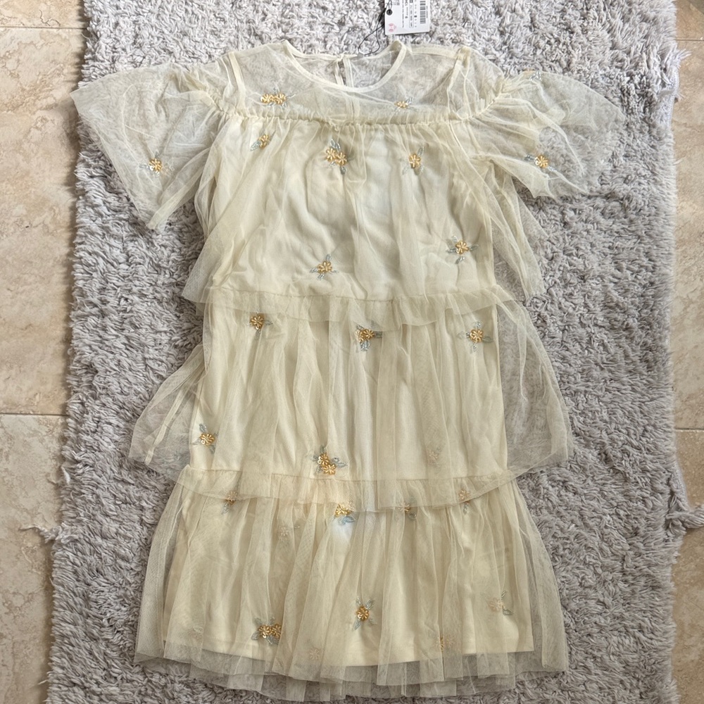 Zara Girls' Cream Tiered Tulle Dress with yellow and silver Floral Details